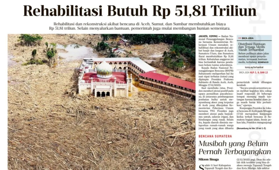 Pengembalian Dana TKD Aceh, Sumut, dan Sumbar Tak Cukup Pulihkan Daerah Pascabencana